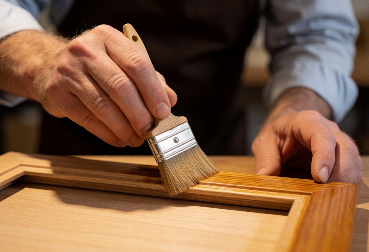 Close-up of a hand using a brush to apply varnish to a wooden frame, highlighting the furniture care process and natural wood grain texture.