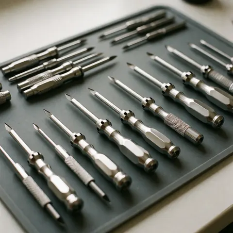 A set of precision screwdrivers neatly arranged in an organized gray case, ideal for hardware store product displays and repair work.