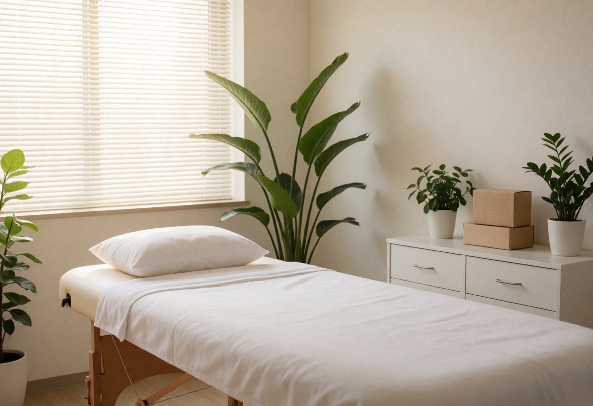Clean minimalist massage room featuring a treatment bed, green plants, and natural light, ideal for spa and wellness businesses