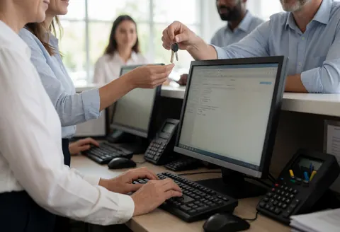 A receptionist hands keys to a customer at the front desk while another staff member works on a computer in a professional office setting.