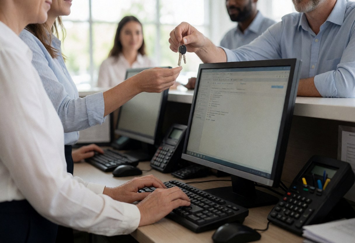 A receptionist hands keys to a customer at the front desk while another staff member works on a computer in a professional office setting.