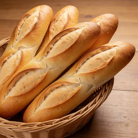 A basket of freshly baked baguettes ready for sale in a grocery store