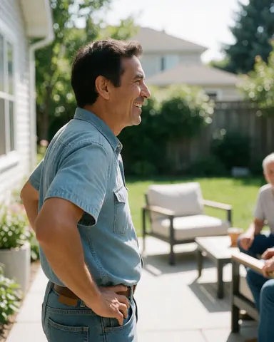 A happy man stands in his sunny backyard with modern outdoor furniture, showing satisfaction after home renovation work.