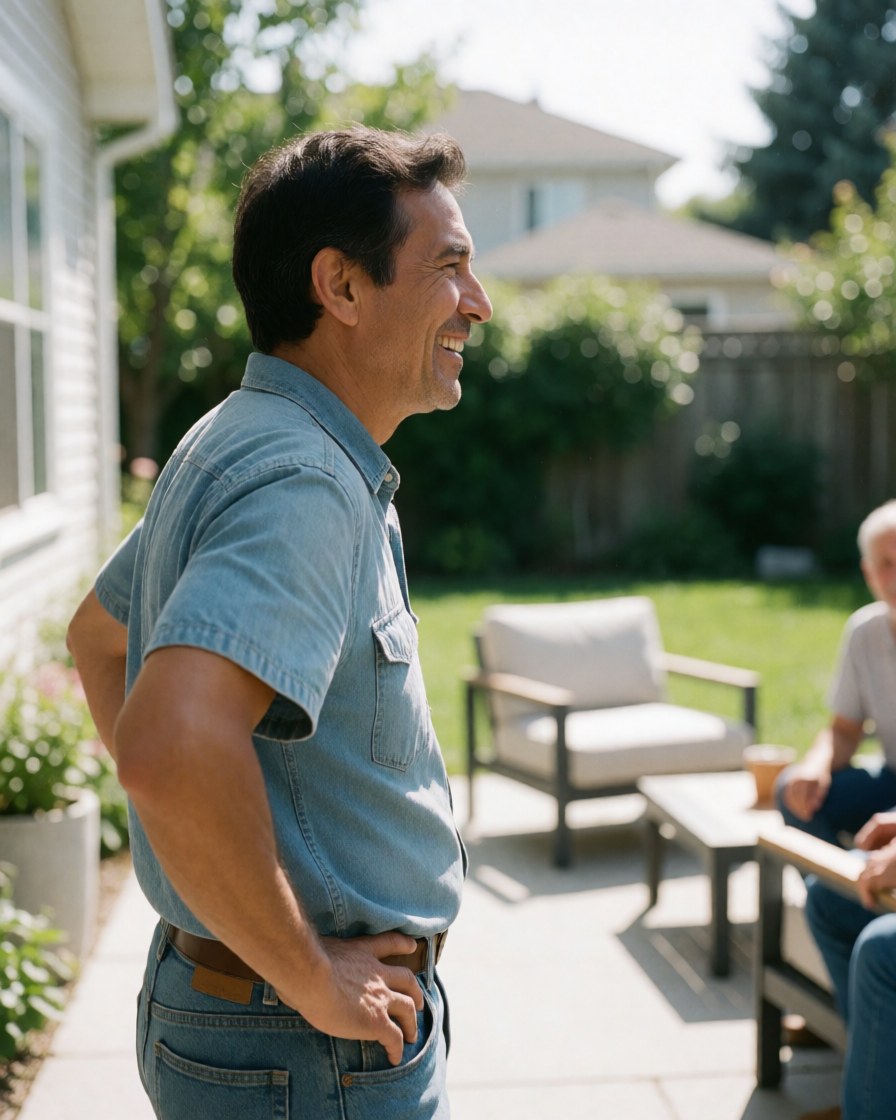 A happy man stands in his sunny backyard with modern outdoor furniture, showing satisfaction after home renovation work.