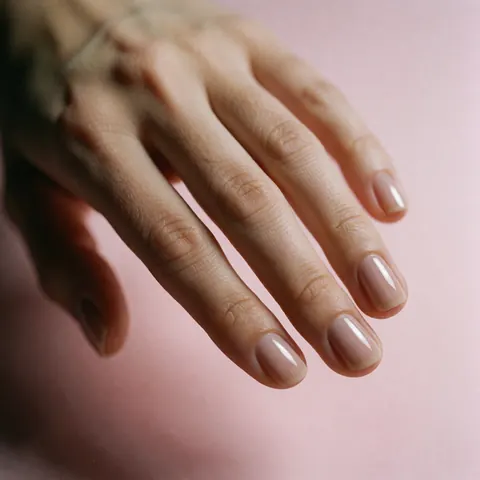 Close-up of a hand displaying a completed gel manicure with shiny, well-shaped nails against a soft pink backdrop, ideal for nail salon product displays.