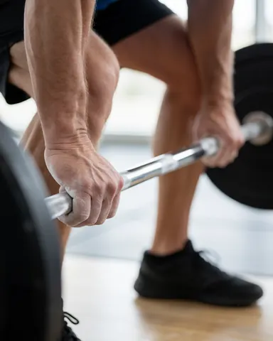 Close-up of chalk-covered hands gripping a barbell in a gym with wooden flooring and bright lighting