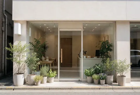 Clean modern nutrition office exterior featuring glass doors, potted plants, and a bright inviting entrance for wellness services
