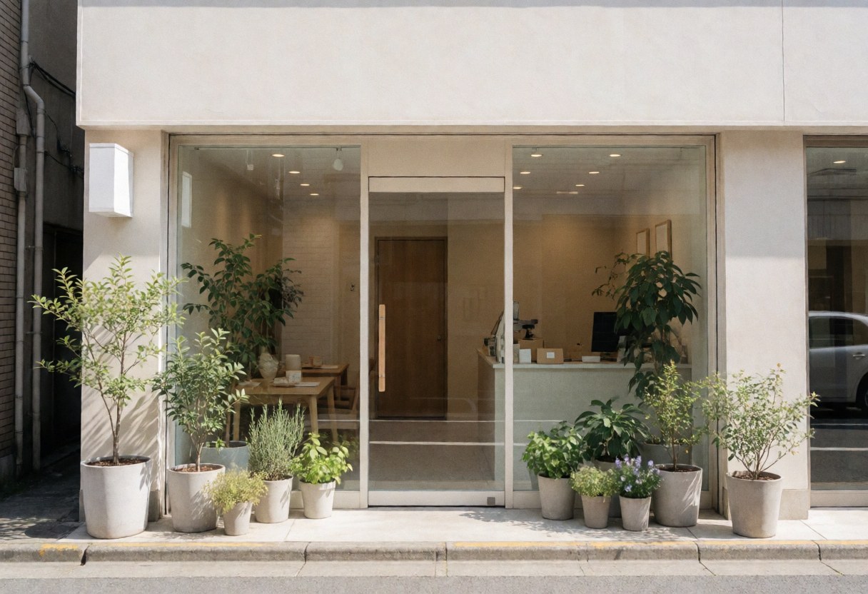 Clean modern nutrition office exterior featuring glass doors, potted plants, and a bright inviting entrance for wellness services