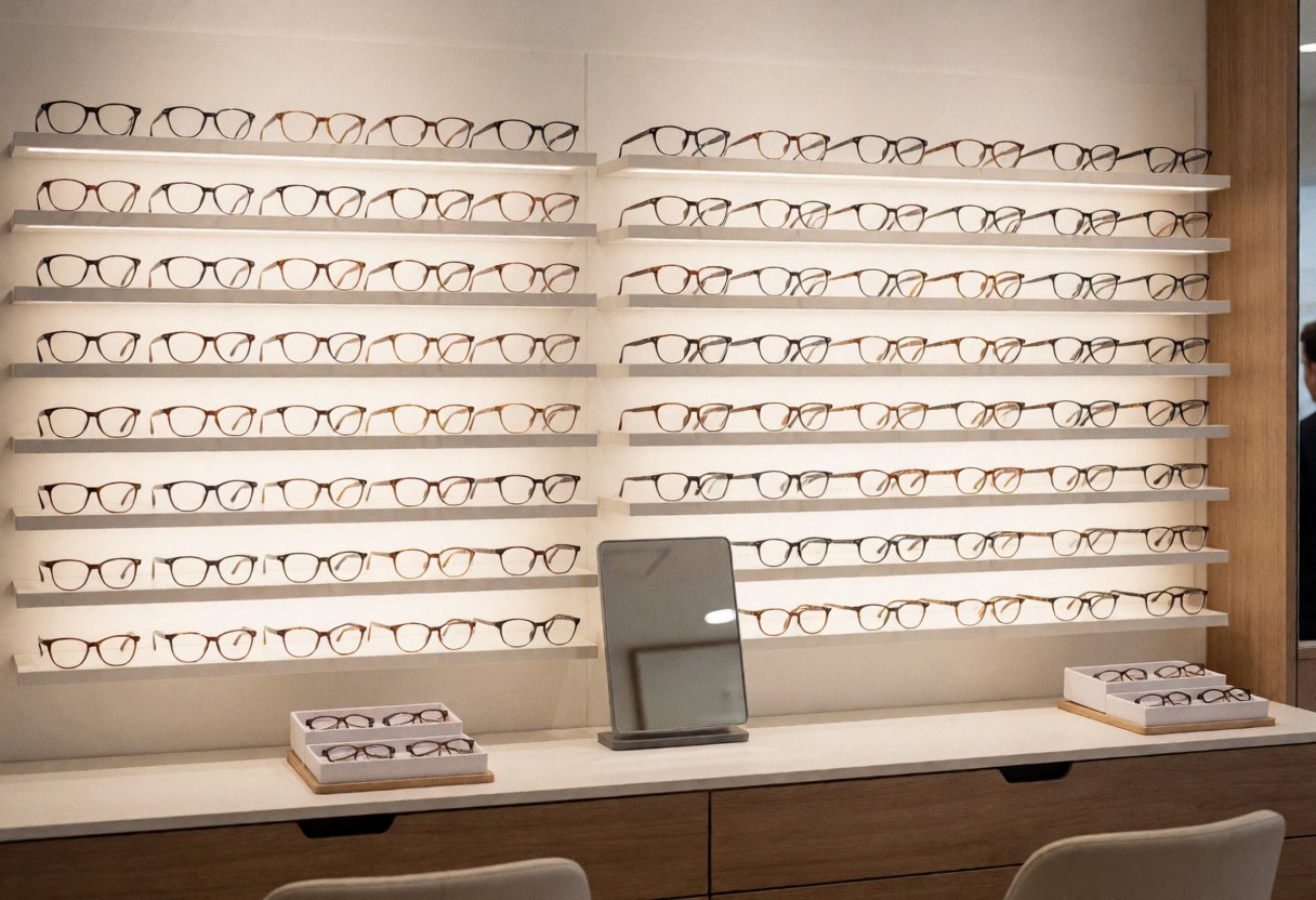 Wall of eyeglasses in an optical shop with soft lighting, clean counter, mirror, and glasses boxes