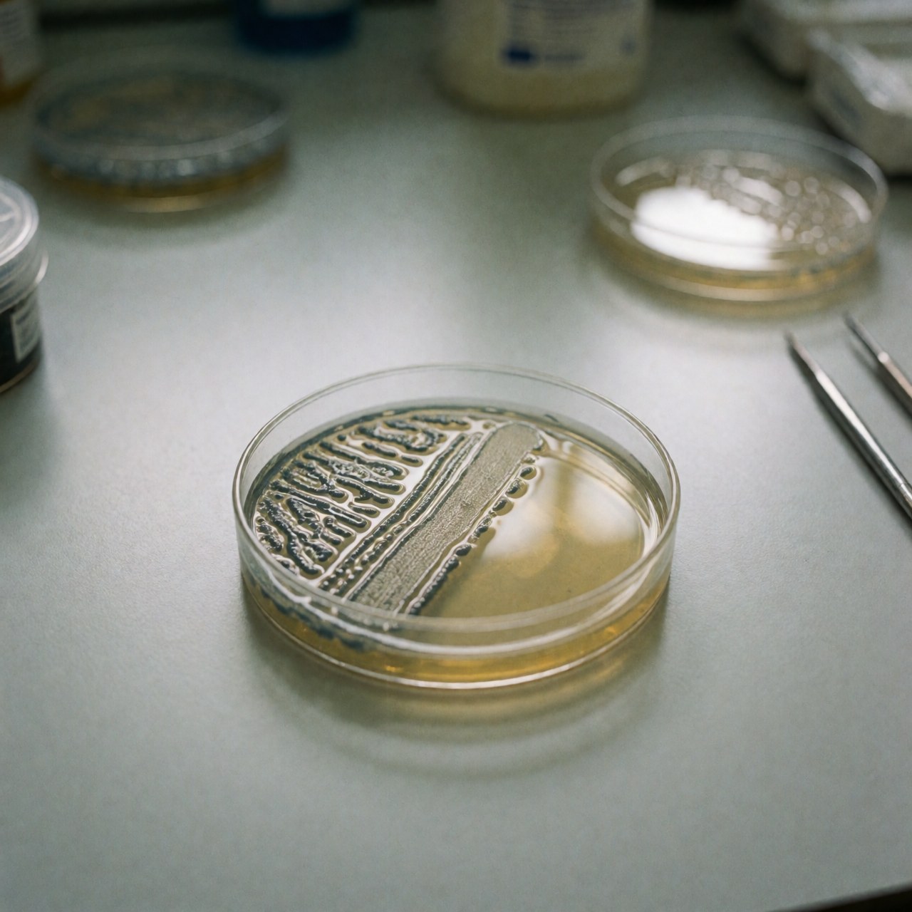 Close-up view of a petri dish containing bacterial colonies used for microbiological analysis and diagnostic testing in a clinical laboratory environment