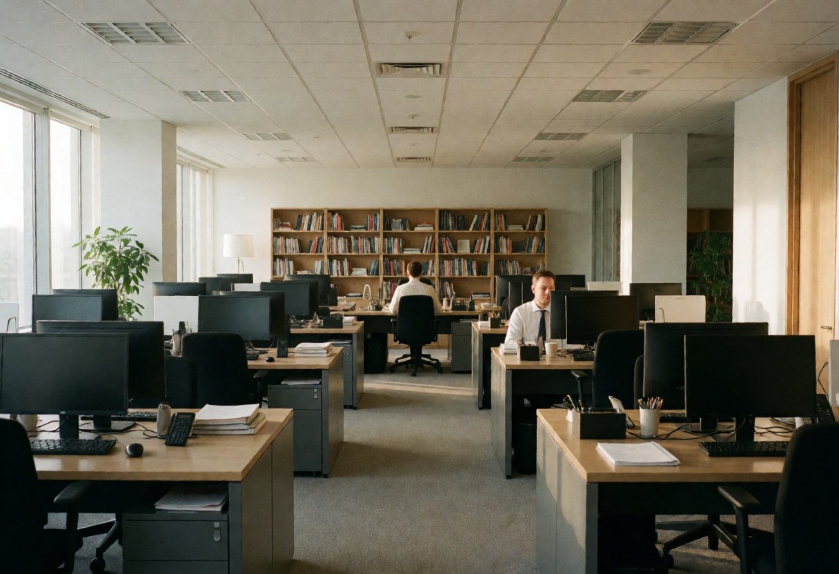 A clean and empty modern office space featuring a desk, computer, and bookshelf, illuminated by natural light from large windows, suitable for finance and banking business contexts.