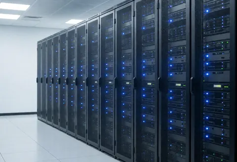 Clean minimalist server room with rows of equipment and blue lighting, ideal for tech startups and software businesses
