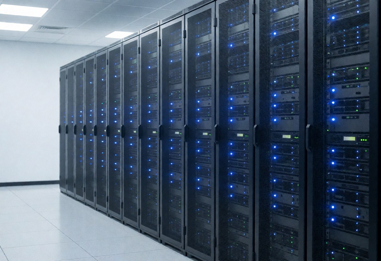 Clean minimalist server room with rows of equipment and blue lighting, ideal for tech startups and software businesses