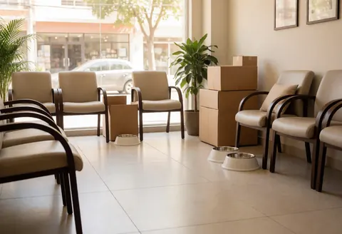 A welcoming pet waiting space featuring comfortable chairs, dog bowls, natural light, and a professional atmosphere.