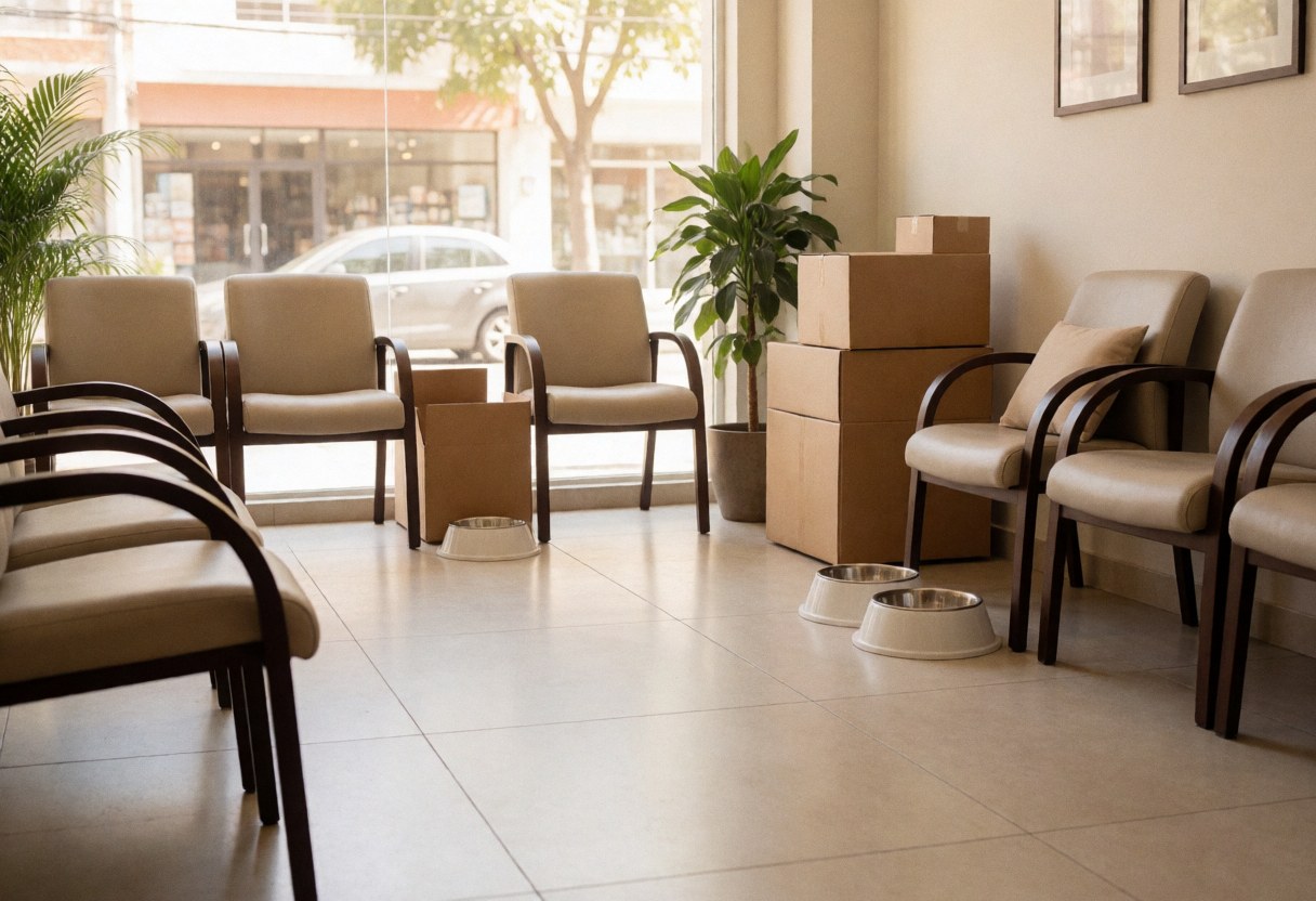 A welcoming pet waiting space featuring comfortable chairs, dog bowls, natural light, and a professional atmosphere.