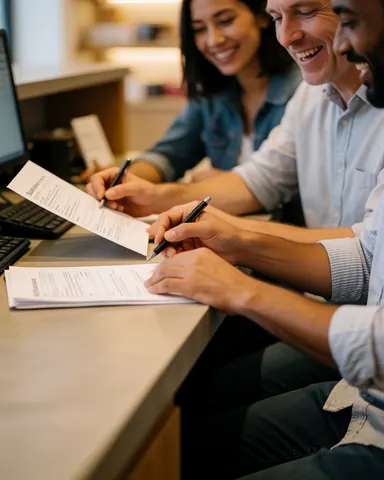 A smiling sales team stands at a modern reception desk, reviewing documents together in a professional office setting with warm lighting.
