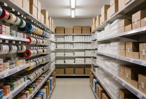 Neatly arranged packing aisles filled with boxes, bubble wrap, and tape in a moving company storage area