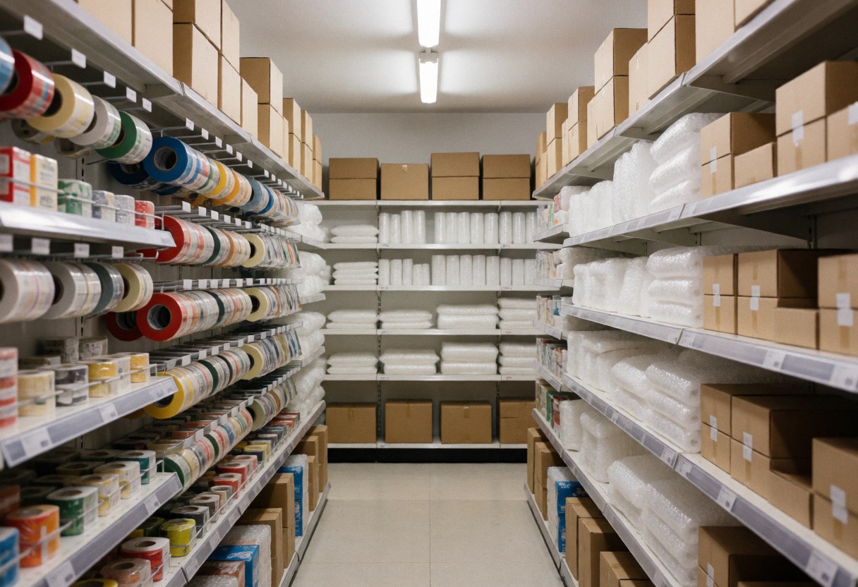 Neatly arranged packing aisles filled with boxes, bubble wrap, and tape in a moving company storage area