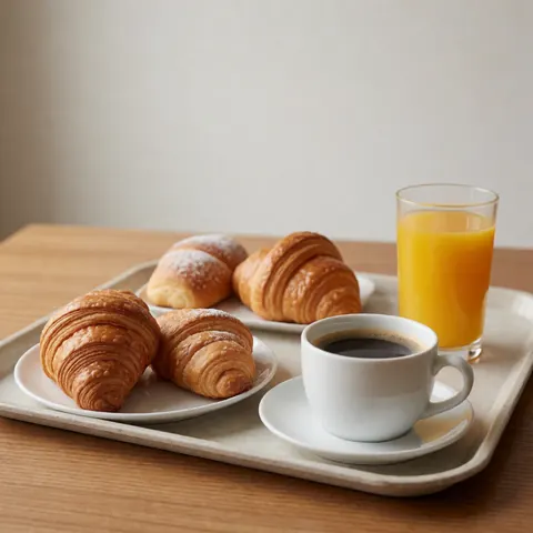 A wooden table set with a tray holding croissants, coffee, and orange juice, ideal for promoting hotel breakfast services.