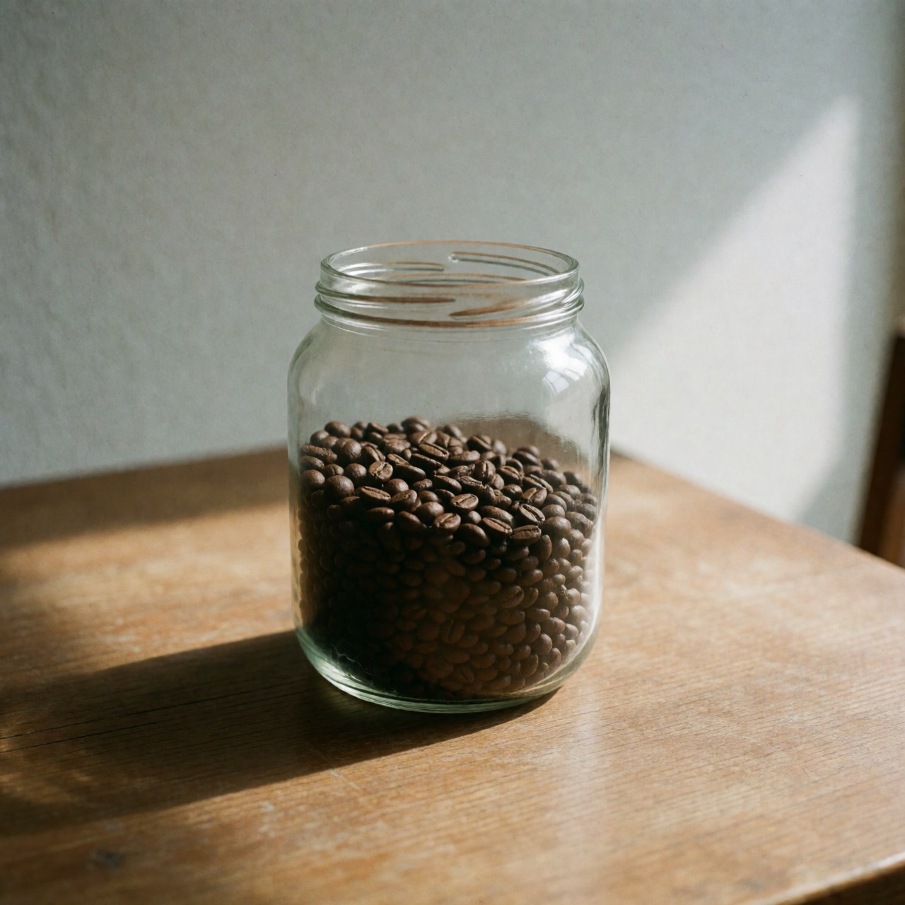 A clear glass jar filled with roasted coffee beans sits on a rustic wooden table, showcasing natural light and shadows for a minimalist aesthetic.