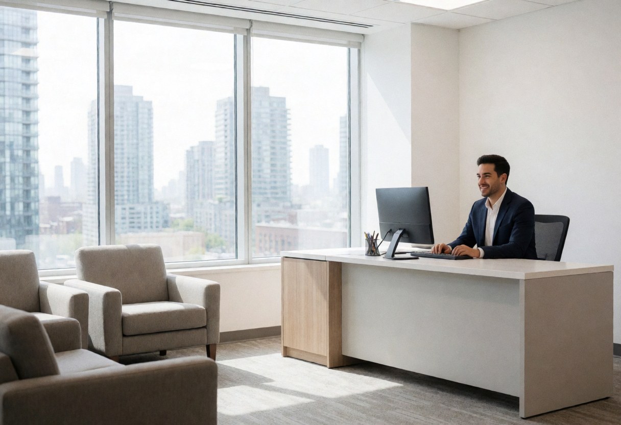 Clean and modern office reception desk with a computer, chair, and large windows overlooking the city skyline.