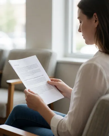 A smiling woman sits comfortably in a chair reading legal papers in a bright, modern office setting.