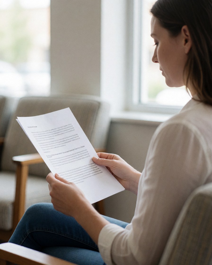 A smiling woman sits comfortably in a chair reading legal papers in a bright, modern office setting.