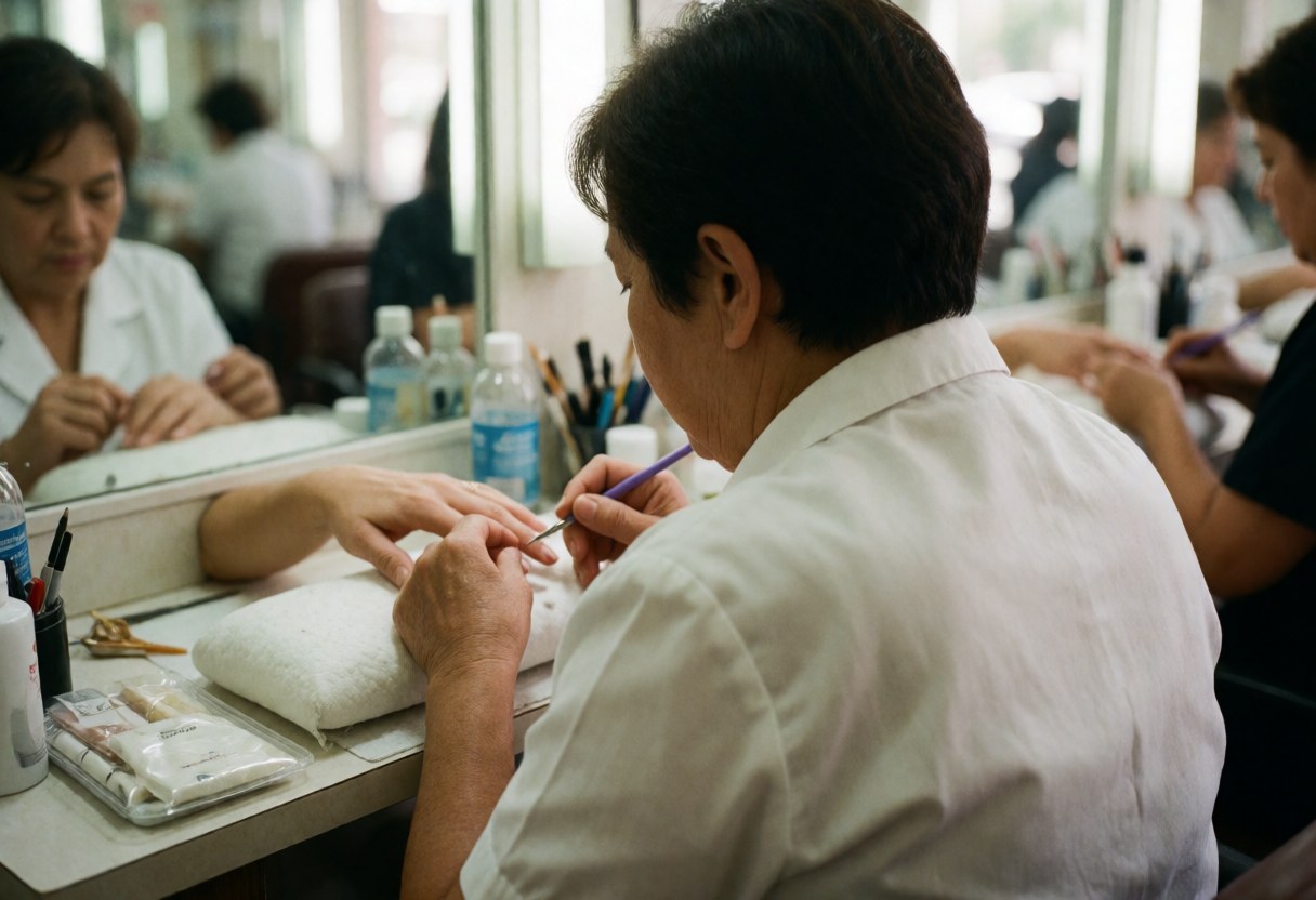 A professional woman in a white uniform performs a manicure on a client in a salon with visible mirrors, tools, and lighting.