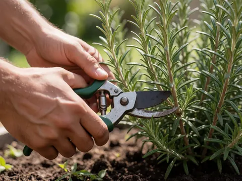 Close-up view of hands using garden shears to trim rosemary branches in a sunny garden setting