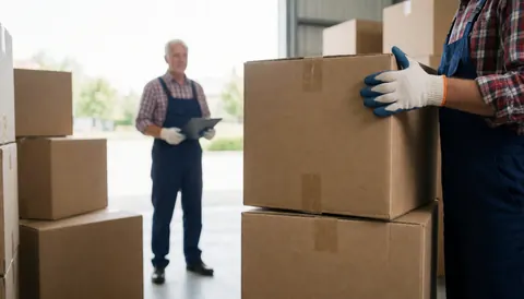 A moving worker wearing gloves carries boxes in a warehouse while another worker uses a tablet in the background