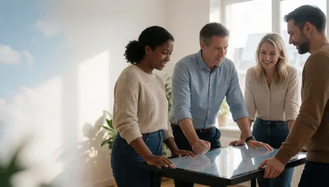 Four smiling people collaborating at a digital table in a modern office with natural light