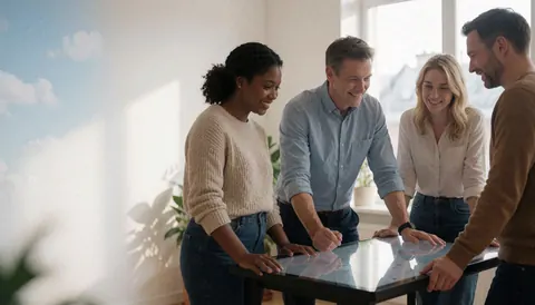 Four smiling people collaborating at a digital table in a modern office with natural light