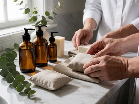 Close-up of senior hands placing a bar of natural soap into a small linen pouch on a marble bathroom counter, next to amber glass bottles and eucalyptus sprigs.