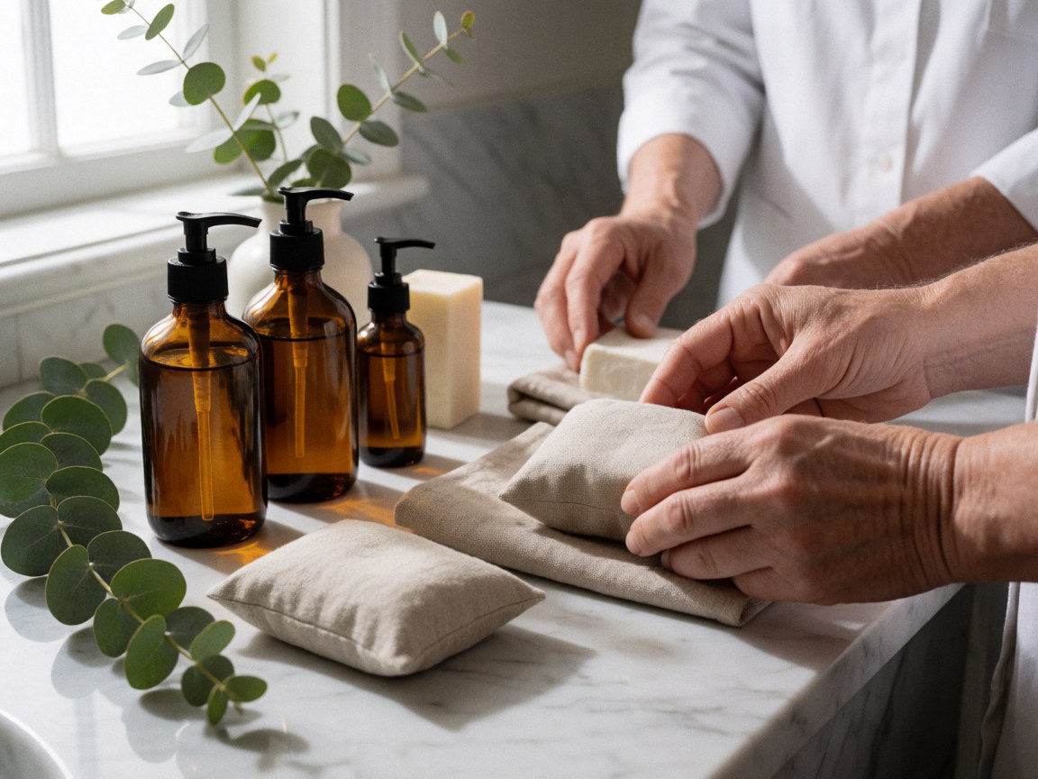 Close-up of senior hands placing a bar of natural soap into a small linen pouch on a marble bathroom counter, next to amber glass bottles and eucalyptus sprigs.
