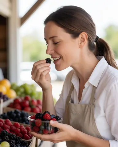 A smiling woman tastes a fresh blueberry at an outdoor fruit stand under sunny natural light with produce in containers nearby