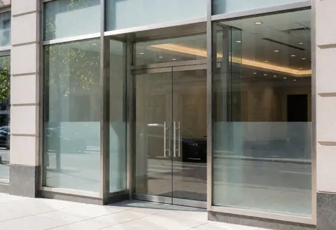 Modern glass doors at a financial office entrance reflecting the street, showcasing a clean and professional interior suitable for banking firms.