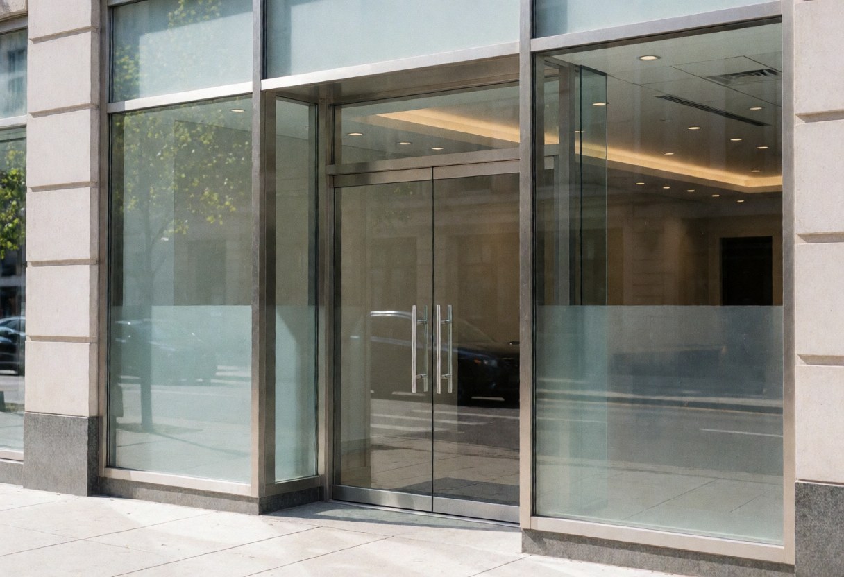 Modern glass doors at a financial office entrance reflecting the street, showcasing a clean and professional interior suitable for banking firms.