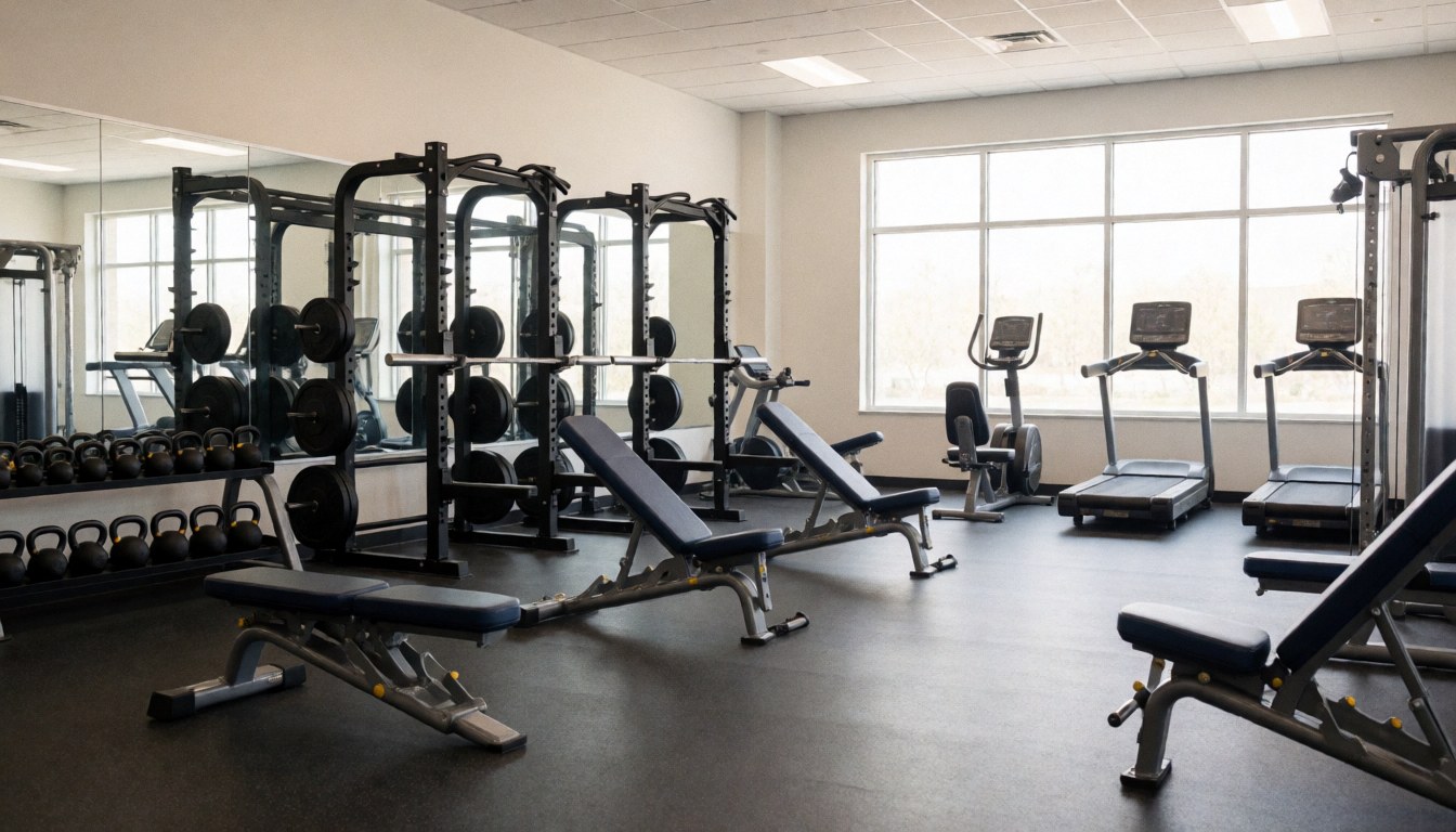 A wide, well-lit gym interior featuring various weight machines, dumbbells, and cardio equipment arranged neatly in a modern fitness facility.