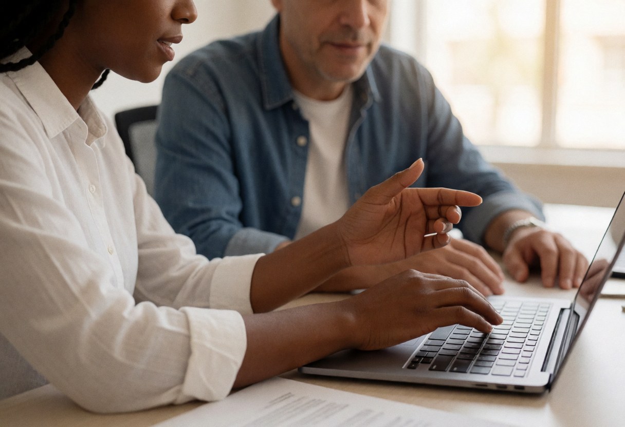 A consultant explains a digital strategy to a client while working together on a laptop in a modern office with natural light.