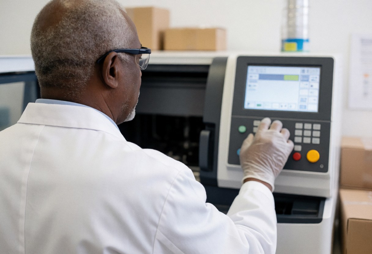 A laboratory technician wearing protective gloves and safety glasses operates an analytical machine in a clean clinical environment.