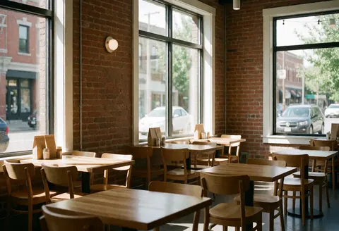 Bright and clean coffee shop interior featuring exposed brick walls, wooden tables and chairs, large windows, and natural sunlight.
