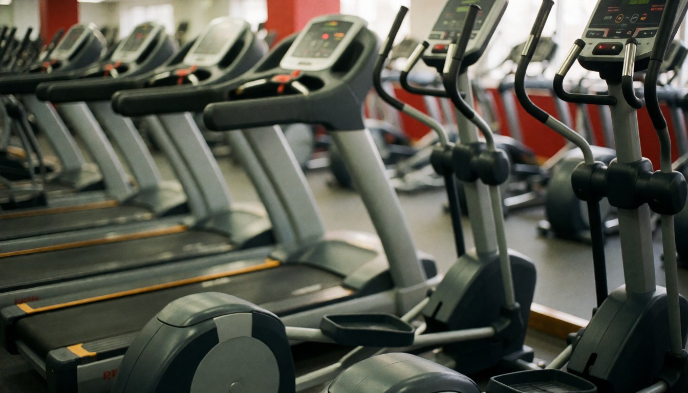 Out of focus gym interior featuring treadmills and elliptical trainers in gray and red tones, serving as a clean background for fitness text overlays