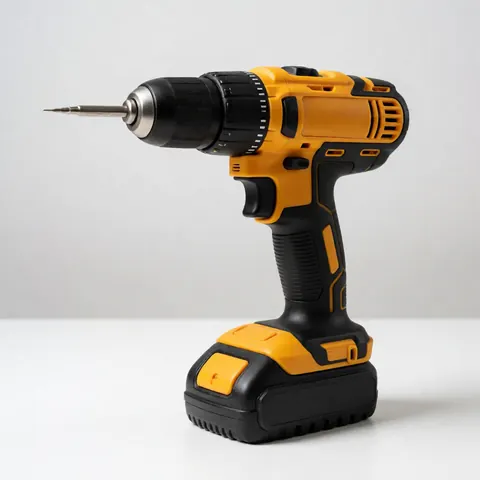 A black and yellow cordless drill isolated on a plain white studio background for hardware store product display