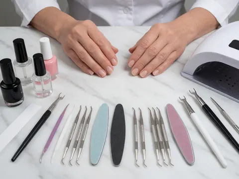 Close-up view of professional manicure tools arranged neatly for nail salon use, including cuticle pushers and nail files