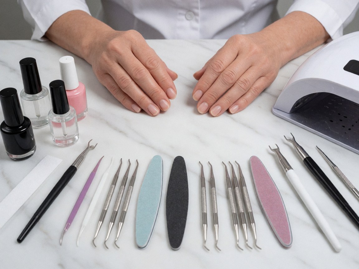 Close-up view of professional manicure tools arranged neatly for nail salon use, including cuticle pushers and nail files