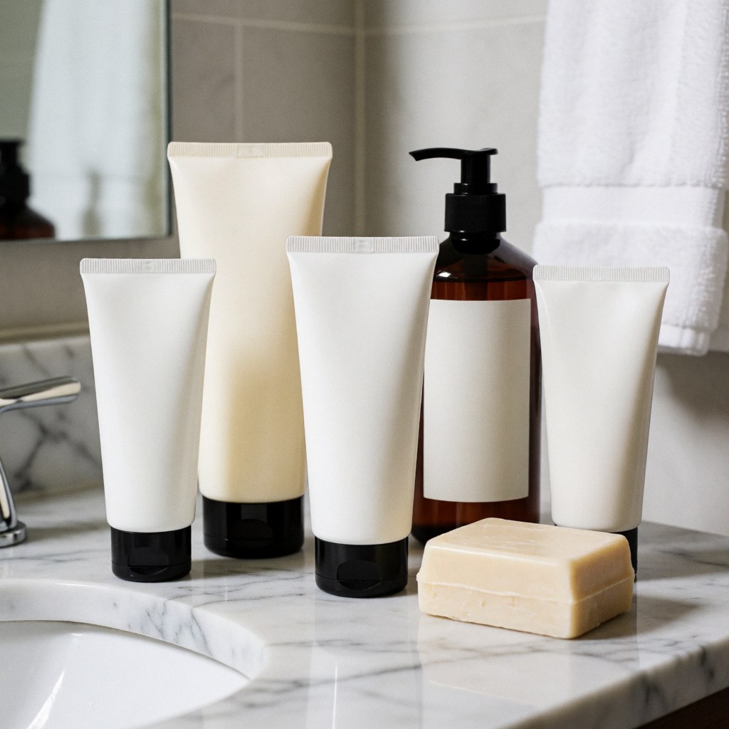 Close-up view of high-end marble bathroom toiletries and hygiene products arranged neatly for a luxury hotel setting