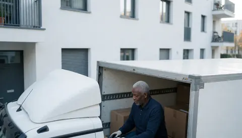 A mover loads boxes into a truck in front of a modern building on a clear day with copy space above