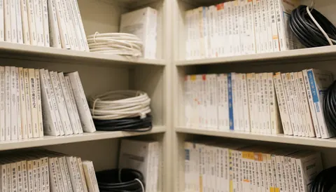 Shelves holding manuals and cables in a storage area, providing a neutral technical background for professional text.