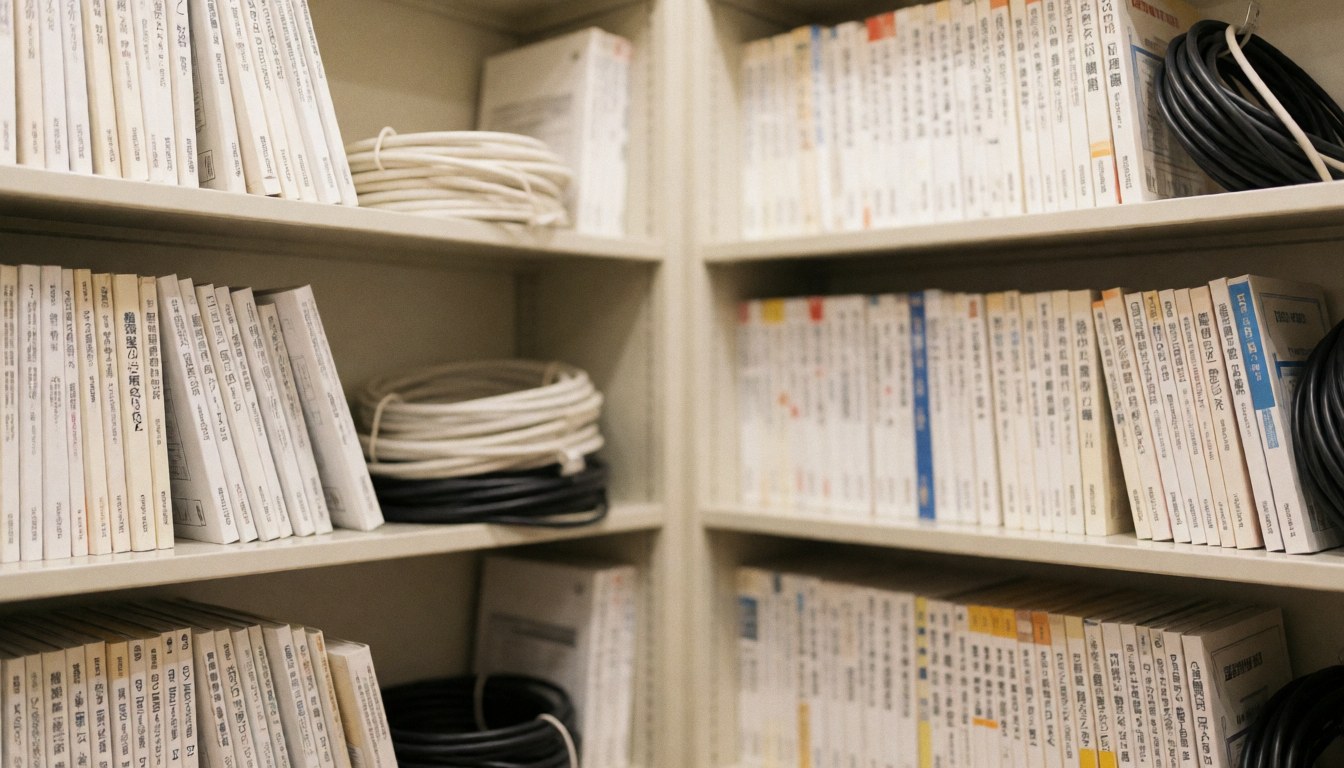 Shelves holding manuals and cables in a storage area, providing a neutral technical background for professional text.