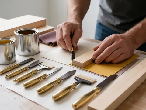 Close-up view of restoration tools including brushes, knives, and materials arranged on a wooden board for furniture repair work